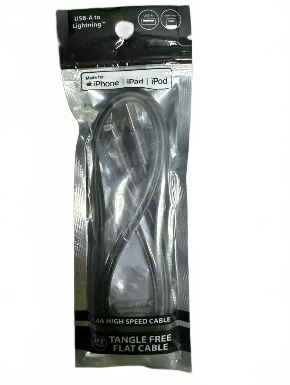 3FT 2.4A High-Speed Tangle-Free Flat USB-A to Lightning Cable (Black)